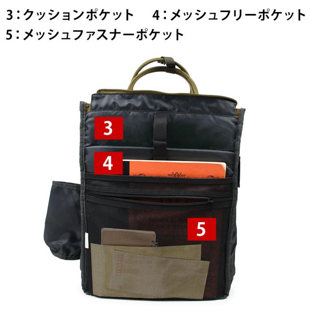 メインポケット内にはクッションポケット、メッシュフリーポケット、メッシュファスナーポケットがあります。