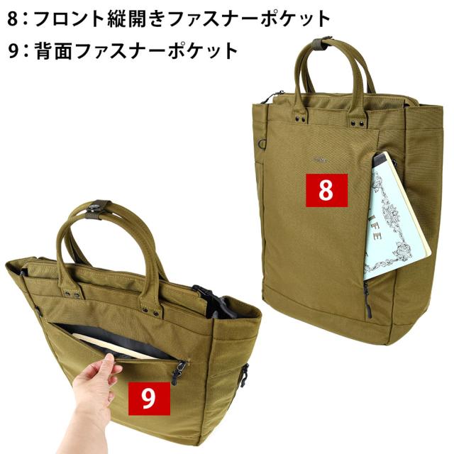 フロントには縦開きのファスナーポケット、背面側には横開きのファスナーポケットがあります。