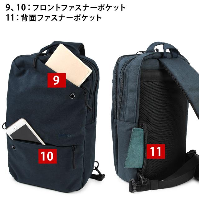 フロント外側にはタイプの異なるファスナーポケットが2つあります。通気口を兼用したブランドのアイコンのホールがあります。