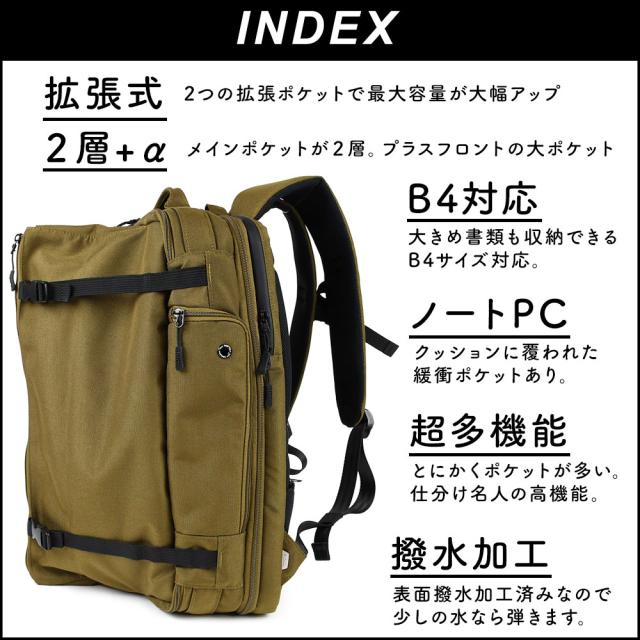 拡張式B4サイズトラベルバックパック、チェンバーの特徴をまとめています。