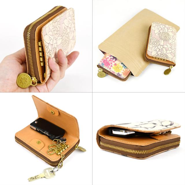 ラウンドファスナーのミニ財布とキーケースの２層式構造になっております。ストッパーのついた茶色のパッケージに入れてお届けします。スマートキーは内側に収納してもギリギリボタンを留めることができます。