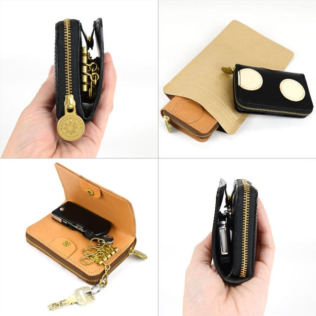 ラウンドファスナーのミニ財布とキーケースの２層式構造になっております。ストッパーのついた茶色のパッケージに入れてお届けします。スマートキーは内側に収納してもギリギリボタンを留めることができます。