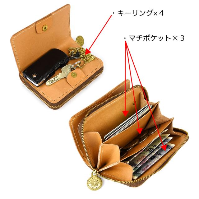 ボタン開閉部分にキーリングは４本分、ラウンドファスナーのフリーのマチありポケットは3つあります。