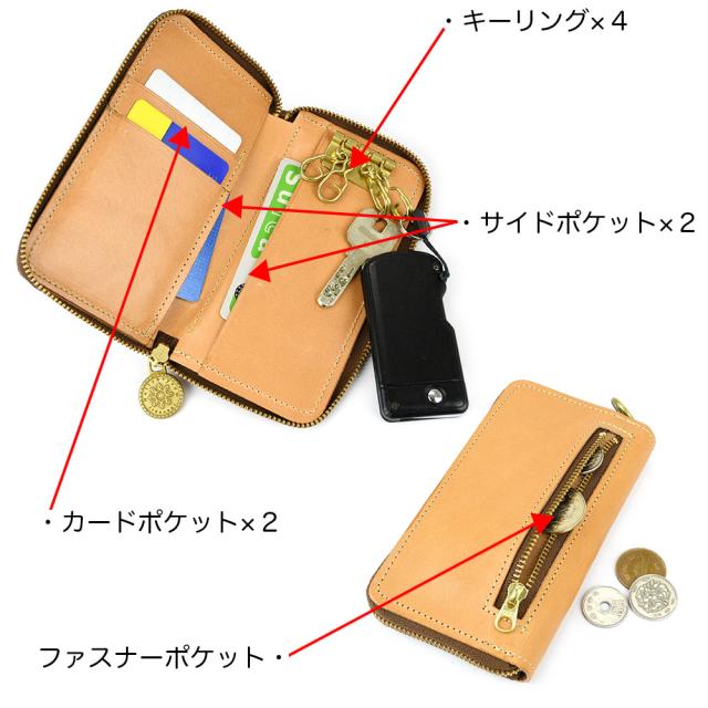 ラウンドファスナー内にはキーリングが４本分、サイドポケットが2つとカードポケットが２枚分。背面外側に小銭も入れられます。ファスナーポケットがあります。