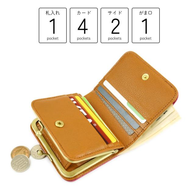 札入れ1箇所。カードポケットが4箇所。サイドポケットが2箇所、がま口ポケットが1箇所です。