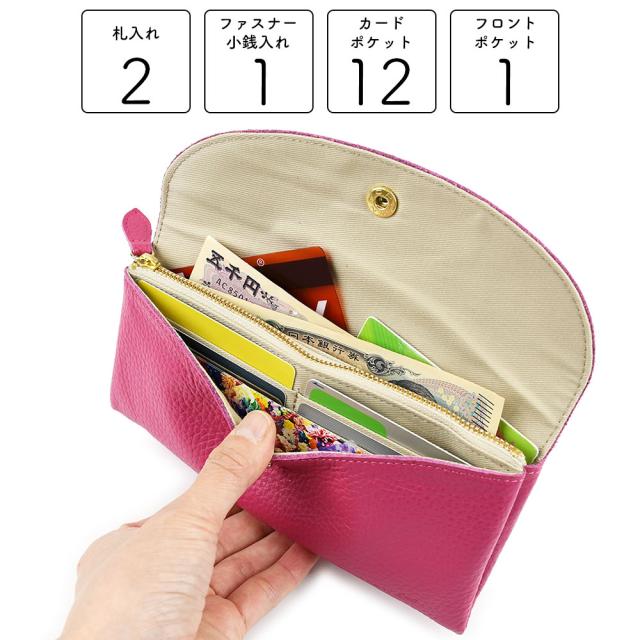 札入れ×2、ファスナー小銭入れ×1、フロントポケット×1、カードポケット×12の仕様となります。