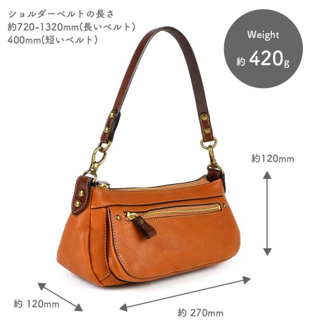 サイズ感は縦 約120mm × 横 約270mm × 厚 約120mm、ショルダーベルトの長さ720-1320mm(長いベルト)、400mm(短いベルト)です。重量は約420gとなります。