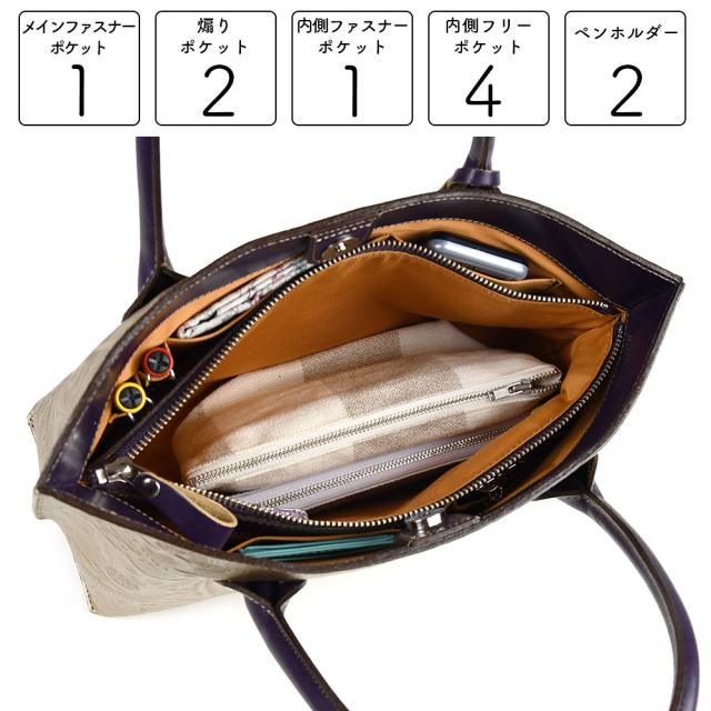 メインファスナーポケット1つ、煽りポケット2つ、内側フリーポケット4つ、内側ファスナーポケット1つ、ペンホルダーが2つつあります。