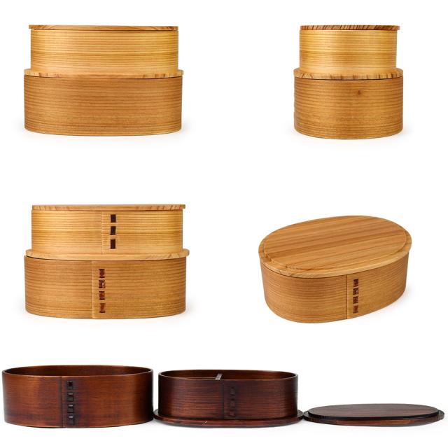 持って帰る時は１段になる入れ子型の二段小判型板蓋型の曲げわっぱです。