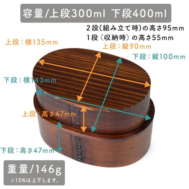 大きさは上段：縦 約90mm × 横 約135mm × 高さ 約47mm、下段：縦 約100mm × 横 約143mm × 高さ 約47mmで、重量は約146グラムになります。