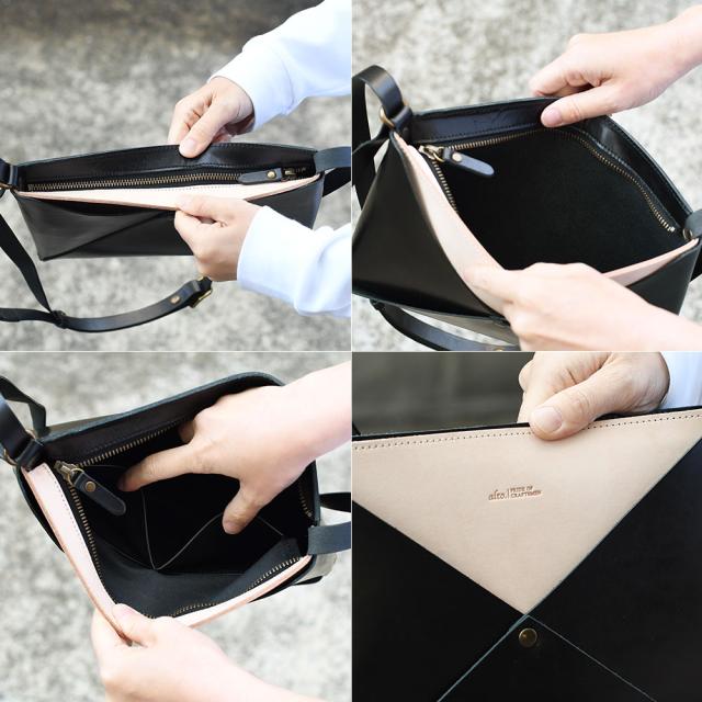 メインポケットはファスナー開閉で、内側にはフリーポケットが2つあるだけの非常にシンプルな仕様となっております。外側にはalto.のロゴが刻印されております。