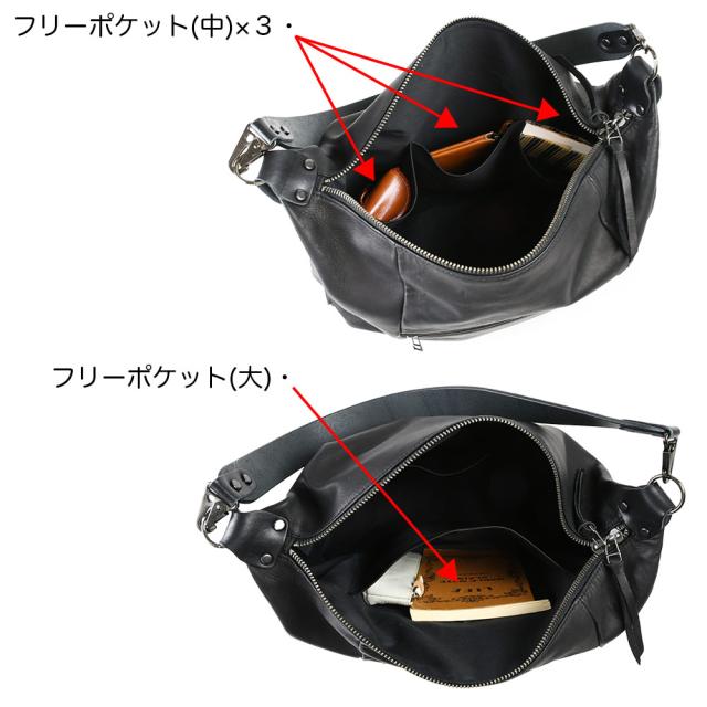 メインポケット内にはマジックテープ開閉の大きなフリーポケットが１つと、反対側に中サイズのフリーポケットが３つ並んでいます。