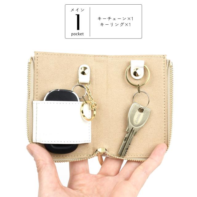 詳細 ポケットの数。メインポケットが1つ。中にはキーリングが1箇所とキーチェーンが1箇所付いています。キーチェーン横にはスマートキーホールが1箇所です。