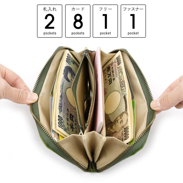 詳細 ポケットの数。札入れが2箇所。カードポケットが8箇所。ファスナーポケット1箇所。マチありフリーポケットが1箇所です。