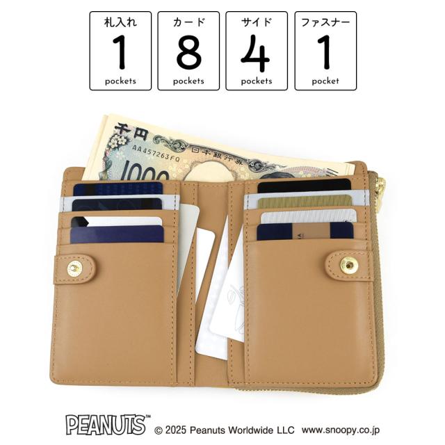 詳細 ポケットの数。札入れが1箇所。カードポケットが8箇所。L字ファスナーポケット1箇所 。内側には間仕切りを兼ねた差し込みポケットが1箇所 。サイドポケットが4箇所です。