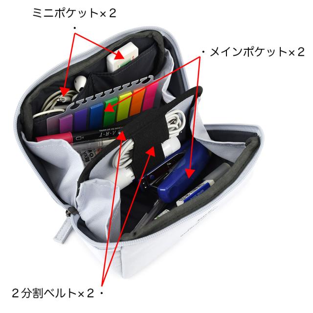 メインポケットは2層式。内側にミニポケットが2つあるほか、仕切り部分の両サイドには、2分割されたゴムがそれぞれ備え付けられております。