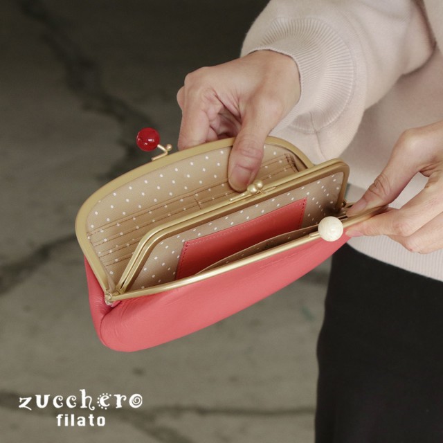 親子がま口財布 長財布 レディース 本革 がまぐち アクリル玉 日本製 水玉生地 Zucchero filato ズッケロフィラート ドット柄  ロングウォレット レザー 経年変化 メイドインジャパンの通販はau PAY マーケット - おさいふやさん | au PAY マーケット－通販サイト