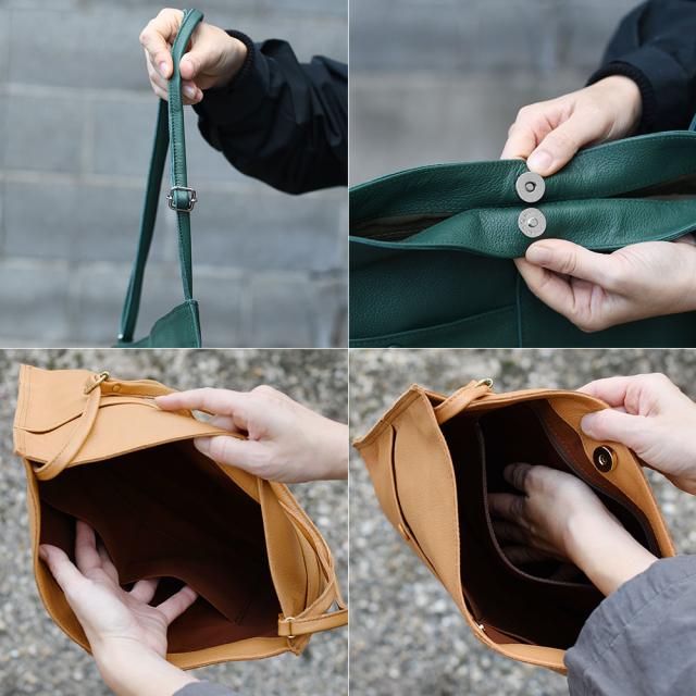 ショルダーベルトは細めで主張は控えめ。長さ調節は無段階で可能ですので、斜め掛けでも肩掛けでもお好きな高さでお持ちいただけます。