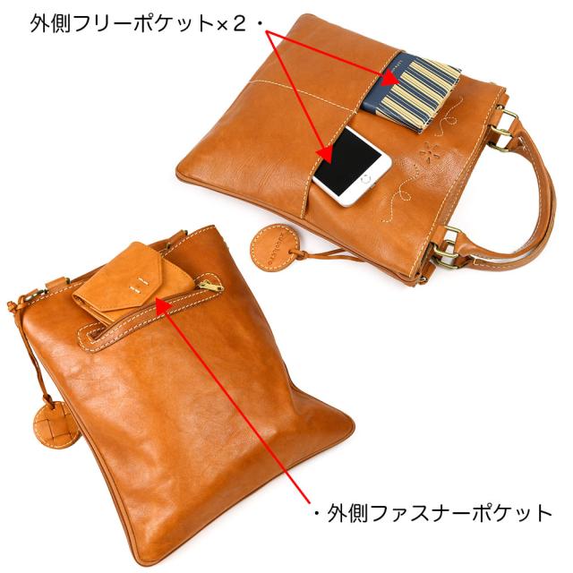 外側には、片面にフリーポケットが２つ、反対側にはファスナーポケットがあります。