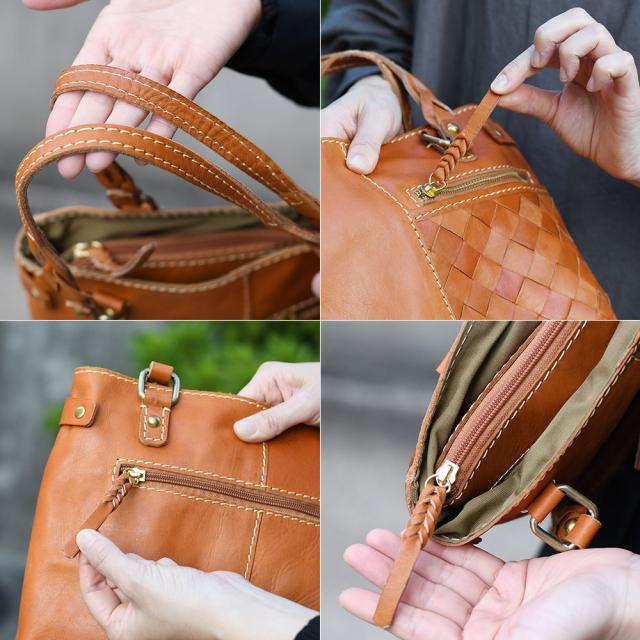 ハンドル持ち手の長さは程よい長さ。肩から掛けても手持ちでもすっと収まる長さですが、厚手のコートをお召しですと肩に掛けづらくなる場合もあります。