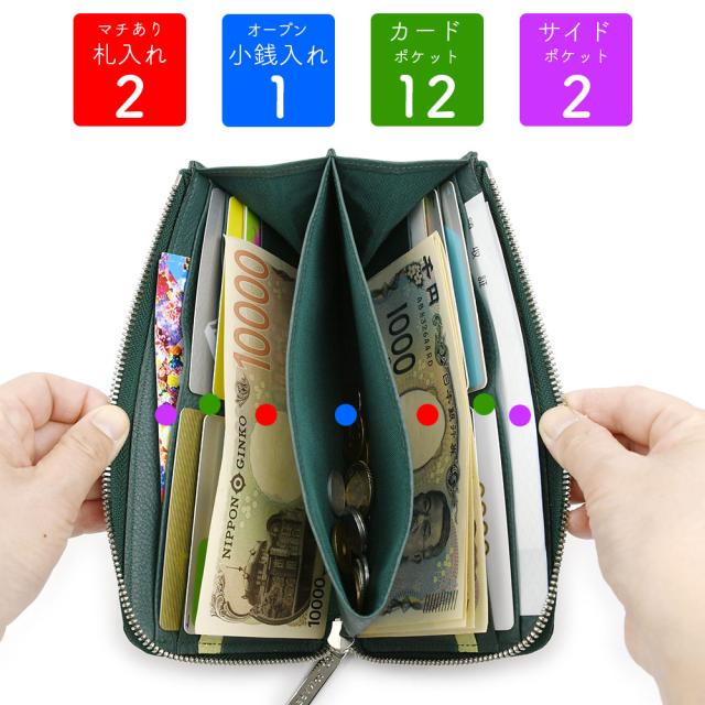 マチありの札入れが２つ、オープンタイプの小銭入れが１つ、サイドポケットが２つ、カードポケットが12枚分の構成になっております。
