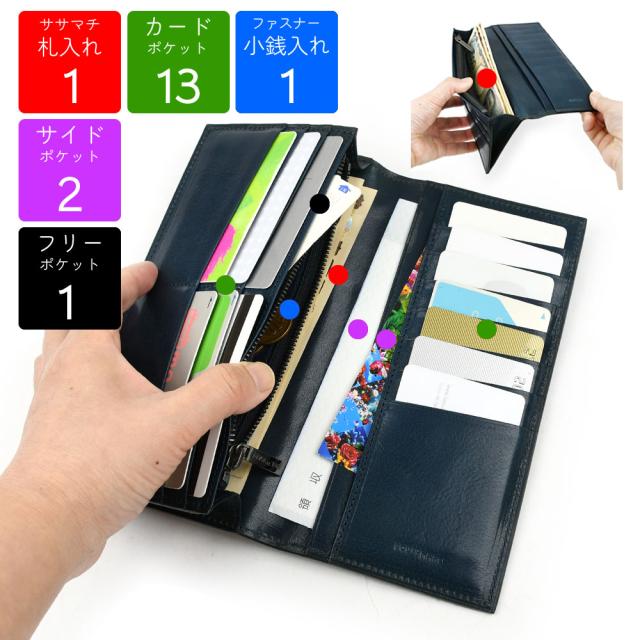 ポケット詳細 ササマチ札入れが1箇所、ファスナーポケットが1箇所、サイドポケットが2箇所、カードポケットが13箇所、フリーポケットが1箇所です。