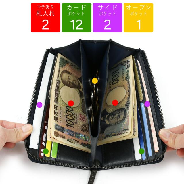 ポケット詳細 マチあり札入れが2箇所。カードポケットが12箇所。マチありオープンポケットが1箇所。サイドポケットが2箇所です。