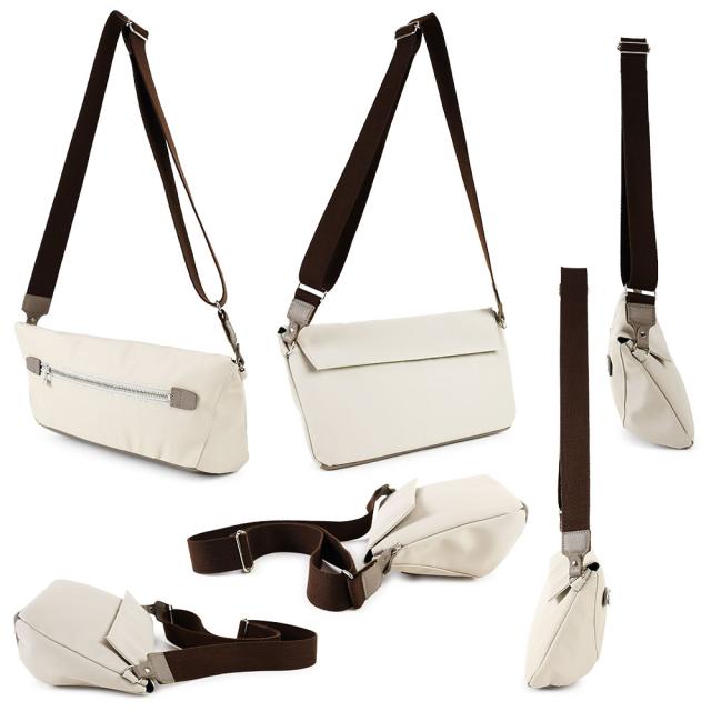 A5サイズ対応のユニークなフォルムのスリングバッグです。