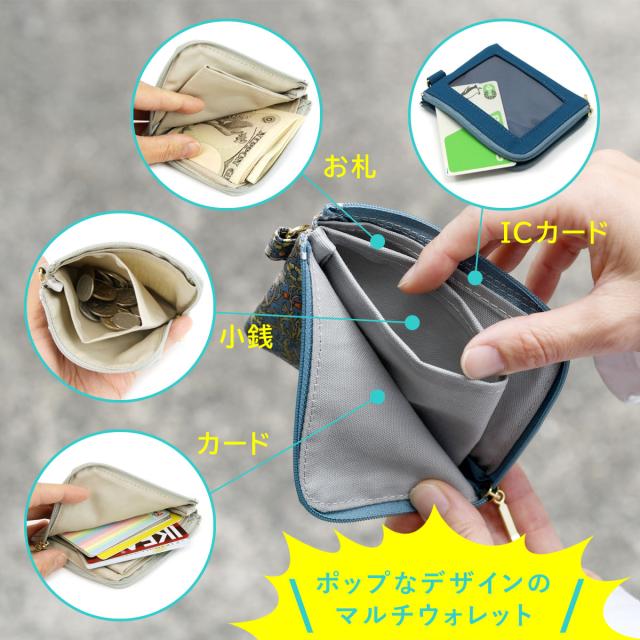 カードも、お札も、小銭も、ICカードも収納できる、ポップなデザインのマルチウォレット。