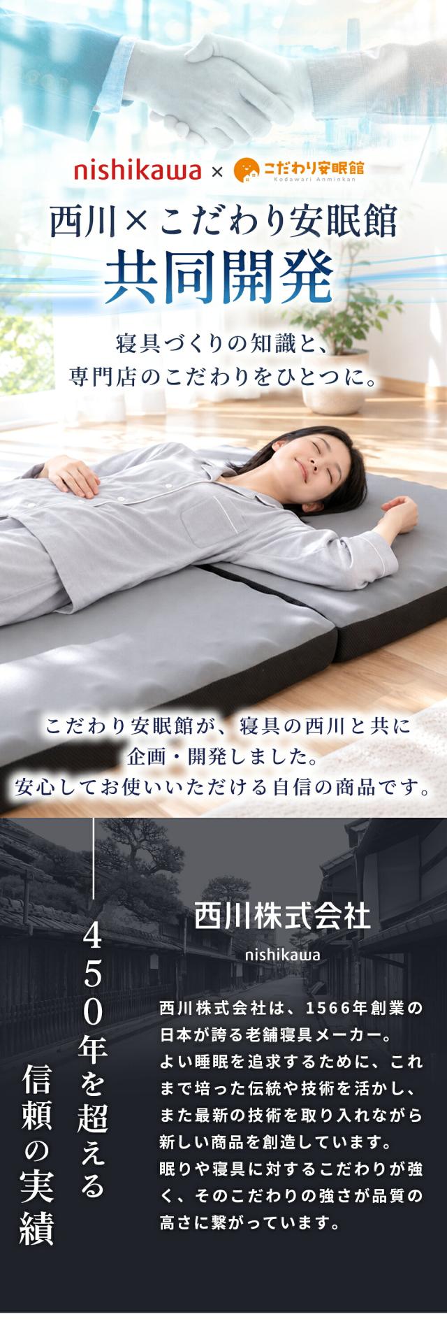 西川とこだわり安眠館が共同開発した三つ折り高反発マットレス「帳-tobari-」と、販売店の紹介。