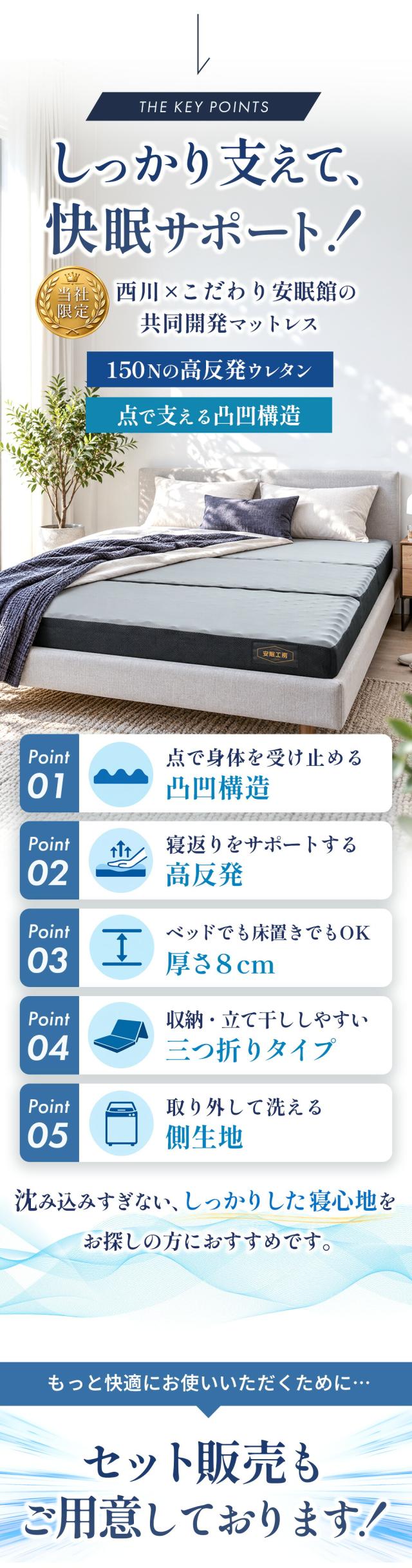 西川「帳-tobari-」の特長一覧。150Nの凹凸高反発ウレタン・厚さ8cm・三つ折り構造・洗える側生地と、セット販売の案内。