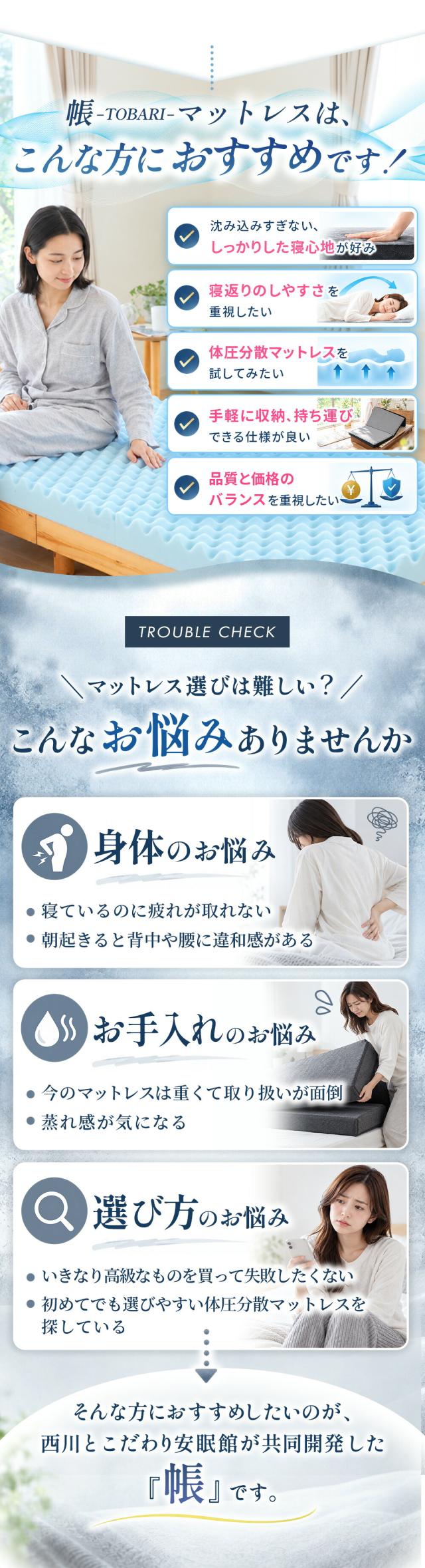 西川「帳-tobari-」のおすすめポイントと、身体の支え方・お手入れ・選び方などマットレス選びの悩みを紹介。