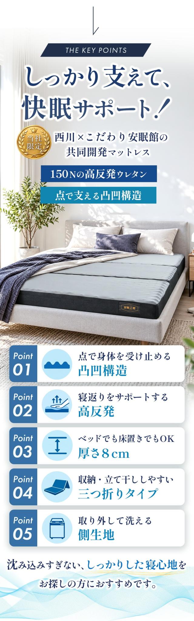 西川「帳-tobari-」の特長一覧。150Nの凹凸高反発ウレタン・厚さ8cm・三つ折り構造・取り外して洗える側生地。