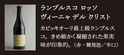 ランブルスコ ロッソ ヴィーニャ デル クリスト…カビッキオーリ最上級ランブルスコ。きめ細かく凝縮された果実味が印象的。（赤・微発泡／辛口）