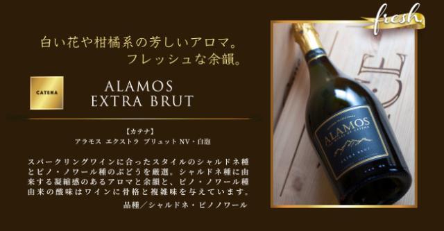 「白い花や柑橘系の芳しいアロマ。フレッシュな余韻」【カテナ】 アラモス エクストラ ブリュット NV・白泡…スパークリングワインに合ったスタイルのシャルドネ種とピノ・ノワール種のぶどうを厳選。シャルドネ種に由来する凝縮感のあるアロマと余韻と、ピノ・ノワール種由来の酸味はワインに骨格と複雑味を与えています。品種:シャルドネ、ピノノワール