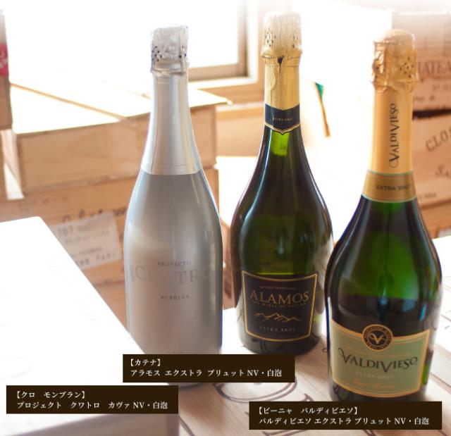 セット内容:【クロ モンブラン】 プロジェクト クワトロ カヴァ NV・白泡/【カテナ】 アラモス エクストラ ブリュット NV・白泡/【ビーニャ バルディビエソ】 バルディビエソ エクストラ ブリュット NV・白泡