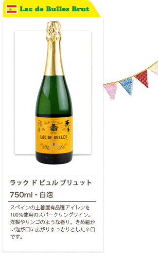 ラック ド ビュル ブリュット 750ml・白泡…スペインの土着固有品種アイレンを100％使用のスパークリングワイン。洋梨やリンゴのような香り。きめ細かい泡が口に広がり、すっきりとした辛口です。