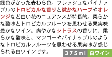 緑色がかった麦わら色。フレッシュなパイナップルのトロピカルな香りと微かなハーブやオレンジなど白い花のニュアンスが特長的。柔らかな酸味とトロピカルフルーツを思わせる果実味豊かなワイン。爽やかなシトラスの香りに、柔らかな酸味と、マンゴーやパイナップルのようなトロピカルフルーツを思わせる果実味が感じられる白ワインです。〈375ml/白ワイン〉