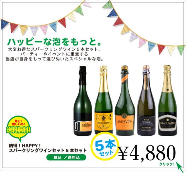ハッピーな泡をもっと。大変お得なスパークリングワイン5本セット。パーティーやイベントに重宝する当店が自身をもって選びぬいたスペシャルな泡。毎日! 嬉しいネ! 送料無料! 納得! HAPPY! スパークリングワインセット 5本セット 4,880円〈税込・送料込〉