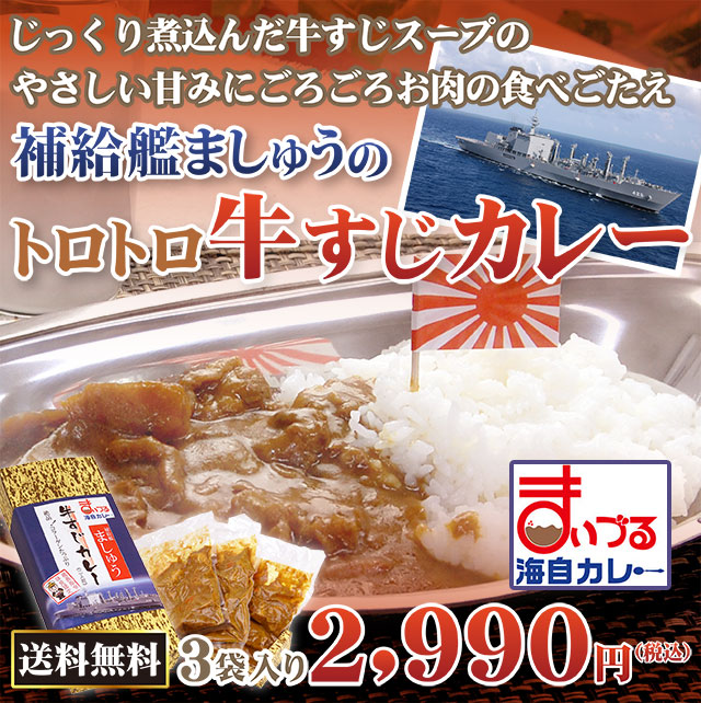 じっくり煮込んだ牛すじスープのやさしい甘みにごろごろお肉の食べごたえ! 補給艦ましゅうのトロトロ牛すじカレー 3袋入り 2,990円〈税込〉送料無料