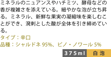 ミネラルのニュアンスやハチミツ、酵母などの香が複雑さを添えている。細やかな泡が立ち昇る。ミネラル、新鮮な果実の凝縮味を楽しむことができ、溌剌とした酸が全体を引き締めている。 ■タイプ:辛口 ■品種:シャルドネ95%、ピノ・ノワール5% 〈375ml/白泡〉