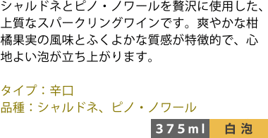 シャルドネとピノ・ノワールを贅沢に使用した、上質なスパークリングワインです。爽やかな柑橘果実の風味とふくよかな質感が特徴的で、心地よい泡が立ち上がります。 ■タイプ:辛口 ■品種:シャルドネ、ピノ・ノワール 〈375ml/白泡〉