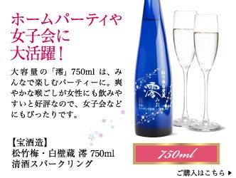 ホームパーティや女子会に大活躍!…大容量の「澪」750mlは、みんなで楽しむパーティーに。爽やかな喉ごしが女性にも飲みやすいと好評なので、女子会などにもぴったりです。【宝酒造】 松竹梅・白壁蔵 澪 750ml 清酒スパークリング