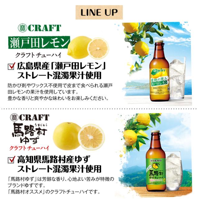 瀬戸田レモンクラフトチューハイ[広島県産「瀬戸田レモン」ストレート混濁果汁使用防かび剤やワックス不使用で皮まで食べられる瀬戸田レモンの果汁を使用しています。豊かな香りと爽やかな味わいをお楽しみくたさい。]　馬路村うまじむらゆずクラフトチューハイ[高知県馬路村産ゆずストレート混濁果汁使用「馬路村ゆず」は芳醇な香り、心地よい苦みが特徴のブランドゆすです。「馬路村オススメ」のクラフトチューハイです。]