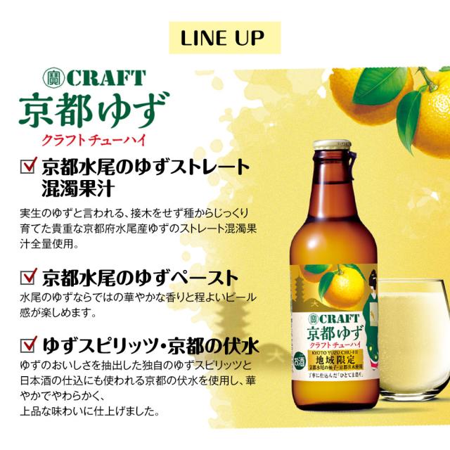 [京都ゆずクラフトチューハイ]京都水尾のゆすストレート混濁果汁実生のゆずと言われる、接木をせす種からじっくり育てた貴重な京都府水尾産ゆずのストレート混濁果汁全量使用。京都水尾のゆずペースト水尾のゆずならではの華やかな香りとほどよいピール感が楽しめます。ゆずスピリッツ・京都の伏水ゆずのおいしさを抽出した独自のゆずスピリッツと日本酒の仕込にも使われる京都の伏水を使用し、華やかでやわらかく、上品な味わいに仕上げました。