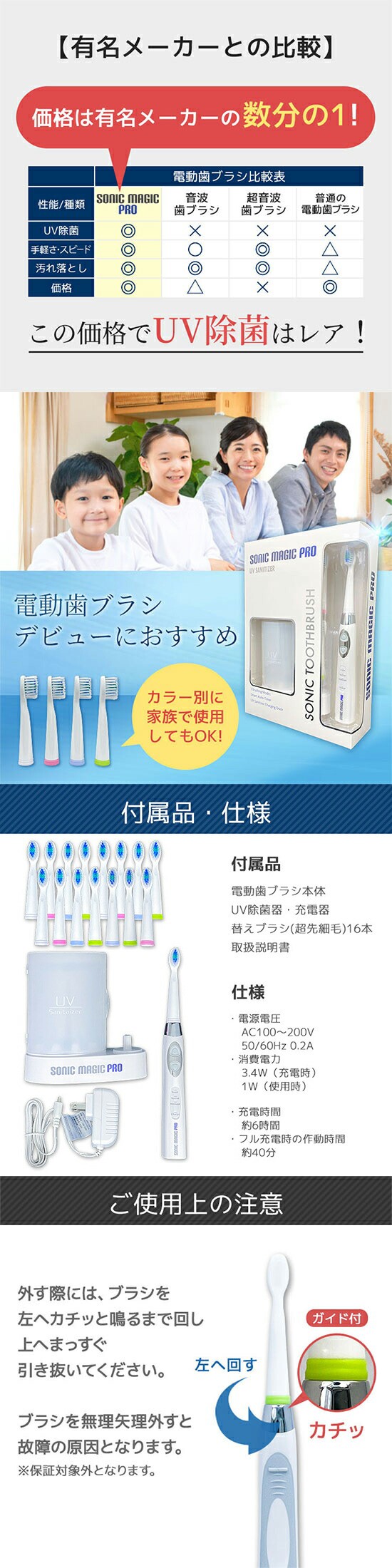 有名メーカーとの比較、付属品・仕様、ご使用上の注意