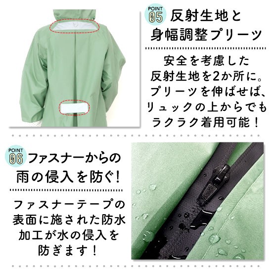 05-反射生地と身幅調整プリーツ・06-ファスナーから水を防ぐ