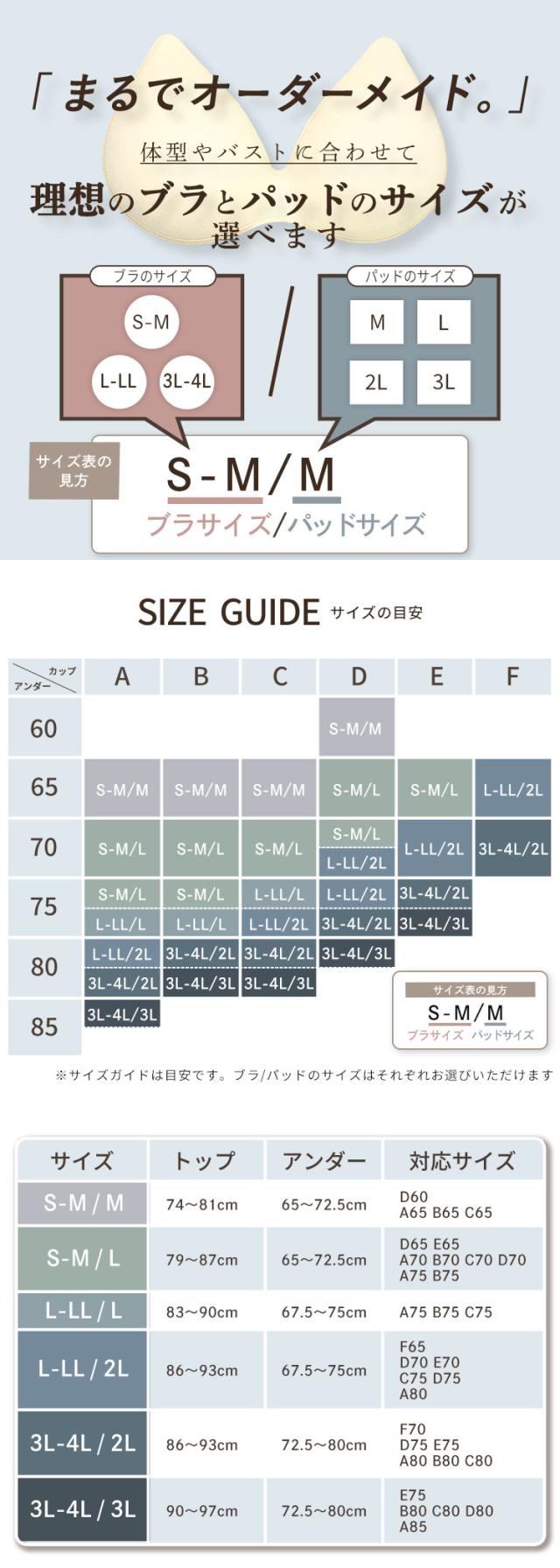 ブラサイズとパッドサイズを選べるサイズ対応表