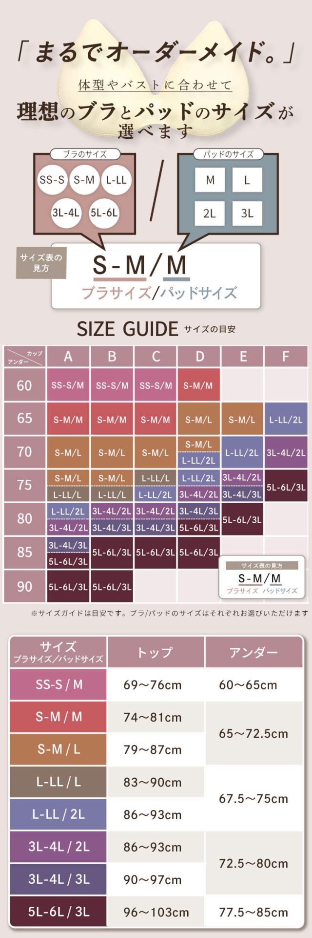 ブラサイズとパッドサイズを選べるサイズ対応表