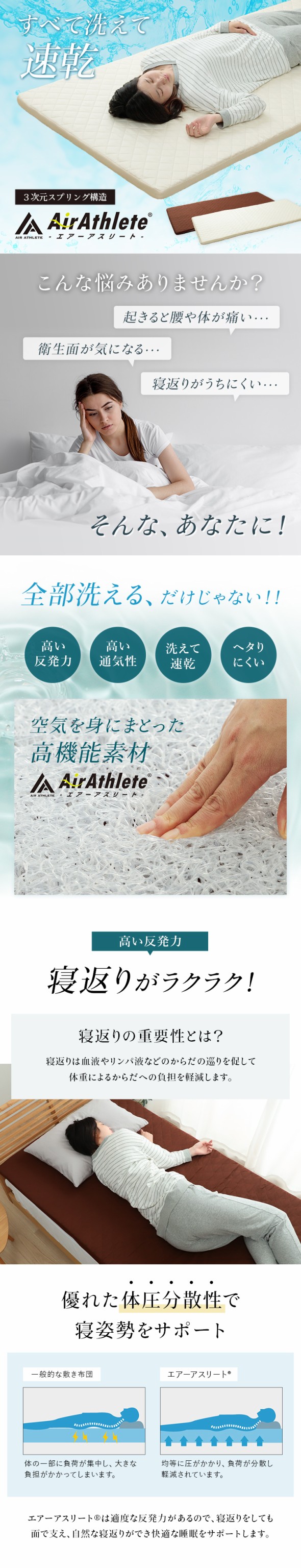 マットレス シングル エアーアスリート 高反発 洗える 速乾